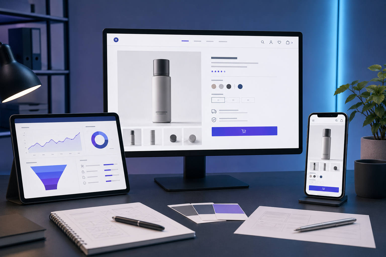 Optimierte Produktseite eines professionellen Onlineshops auf mehreren Geräten