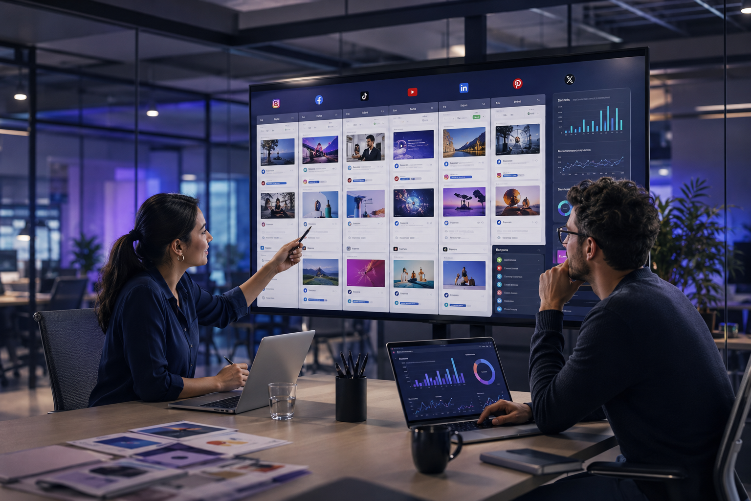 Team plant eine Social-Media-Content-Strategie mit Redaktionskalender und Kennzahlen